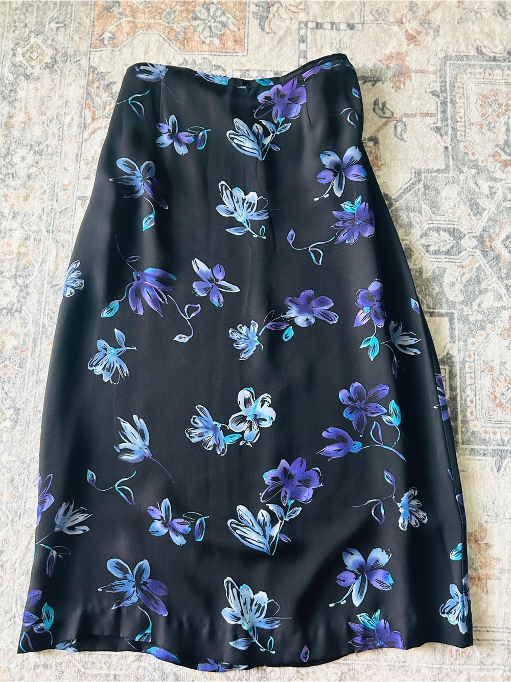 Petite Sophisticate Black Midi Skirt with Blue & Purple Floral Print